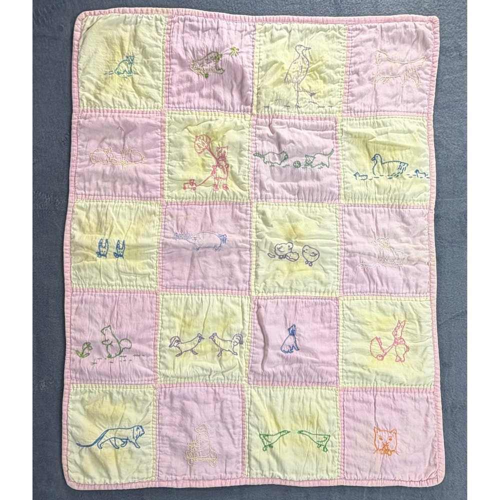 1940's Handmade Baby Quilt Pink Yellow Patchwork Embroidered Animal Nursery Folk